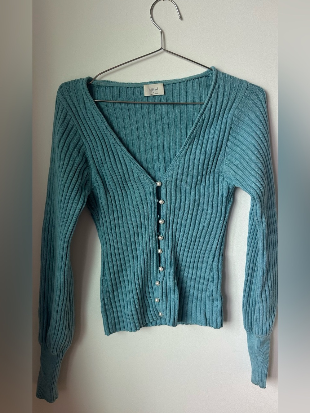 Wilfred Teal Ribbed V-Neck Pearl-Button Cardigan